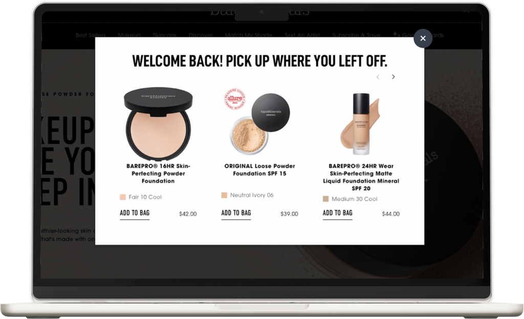 Include a 'pick up where you left off' product recommendation pop-up